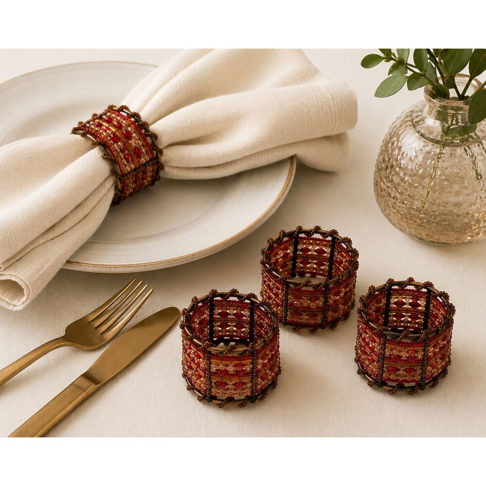 Beaded Napkin Rings Set of 4 Red Gold Copper Rustic Boho Decor Table Decor